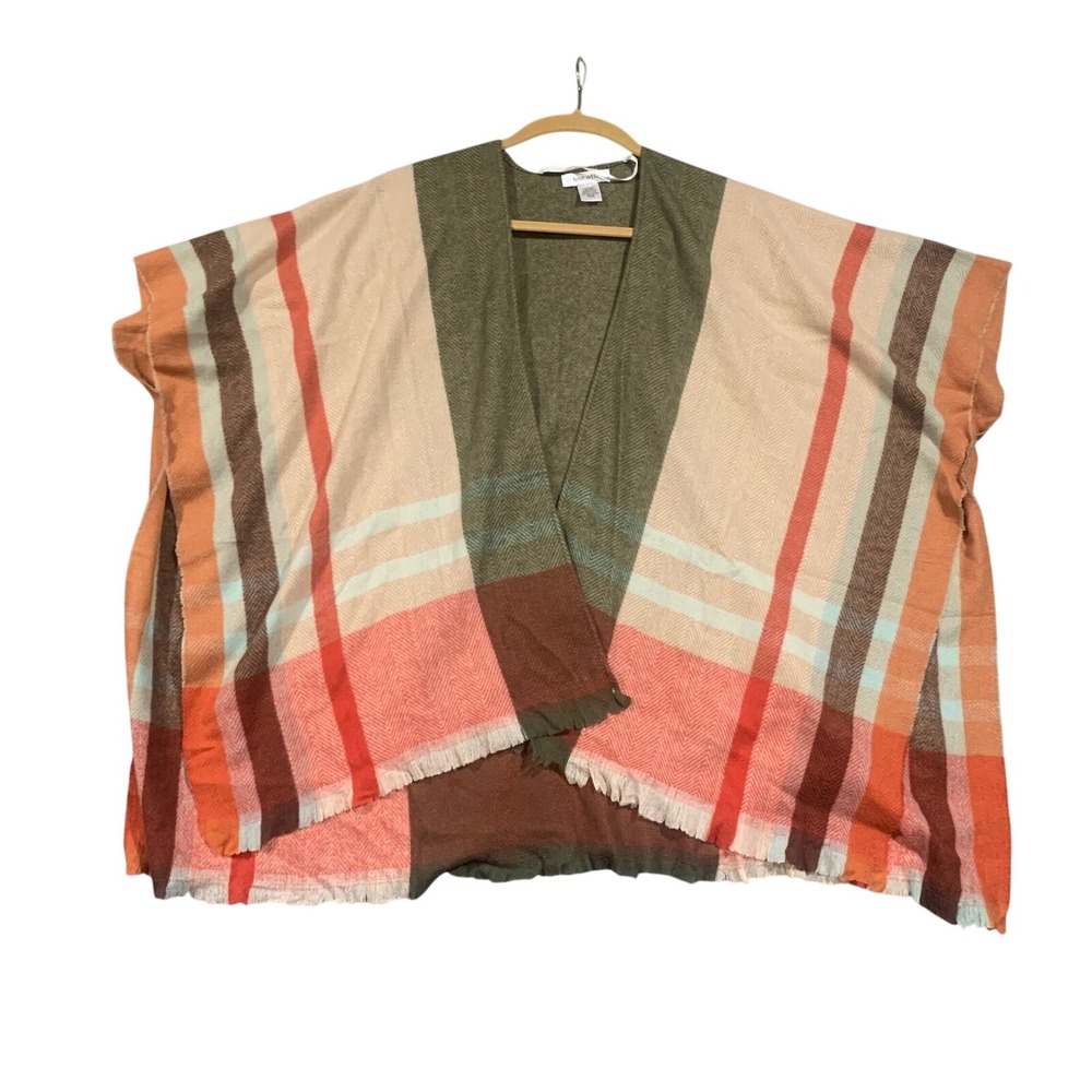 Nine West Shawl Wrap Womens One Size Plaid Open Front Frayed Hem Fall Poncho